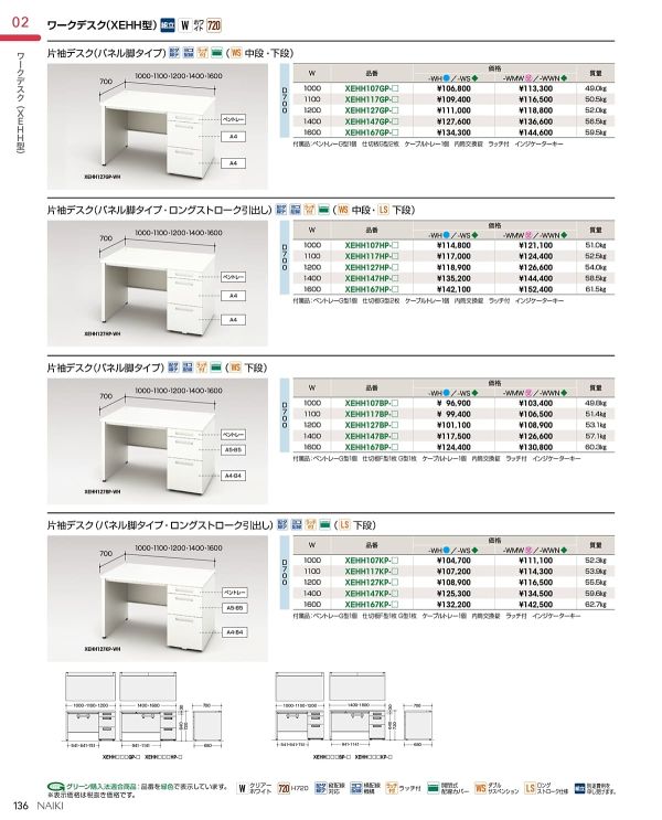 XEHH型 片袖デスク パネル脚 Gタイプ ホワイト D700のカタログ画像-1