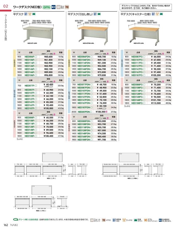 NED型 平デスク 引出付 D700 キャスター脚のカタログ画像-1