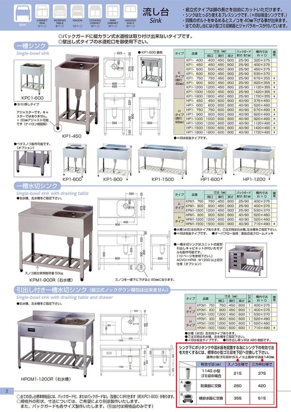 一槽シンク KP1／HP1シリーズのカタログ画像-1