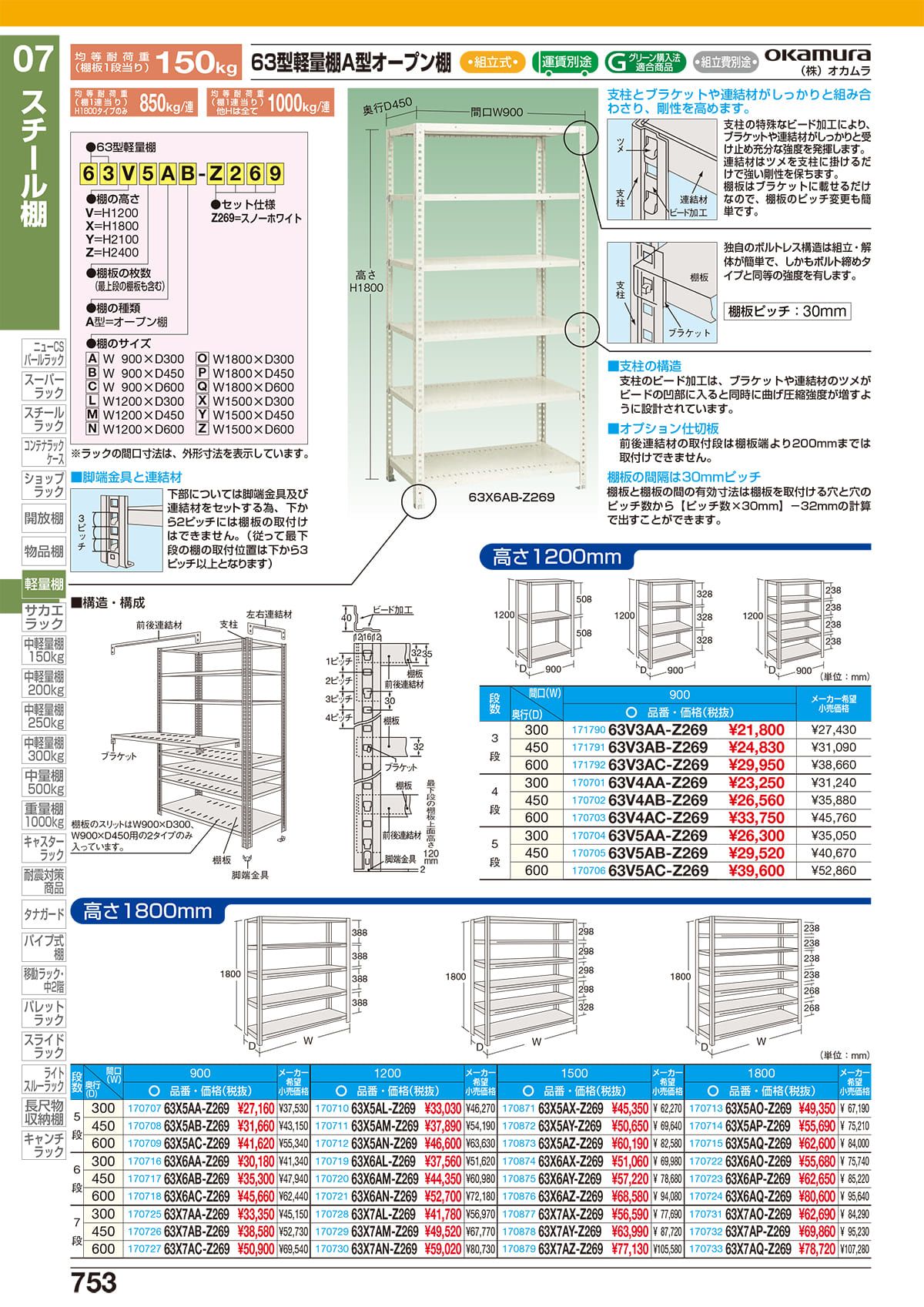 63型軽量棚 A型オープン棚 63X6AO-Z269」サカエ 63型軽量棚 A型オープン棚 63X6AO-Z269」サカエ