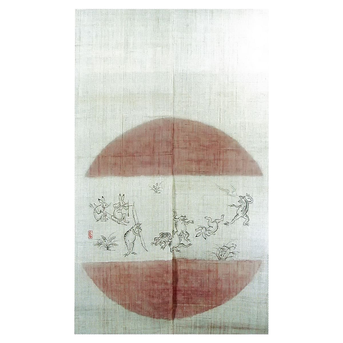 本麻 のれん 鳥獣戯画 寿-手描き（ローズ） NLH0001RR-画像1