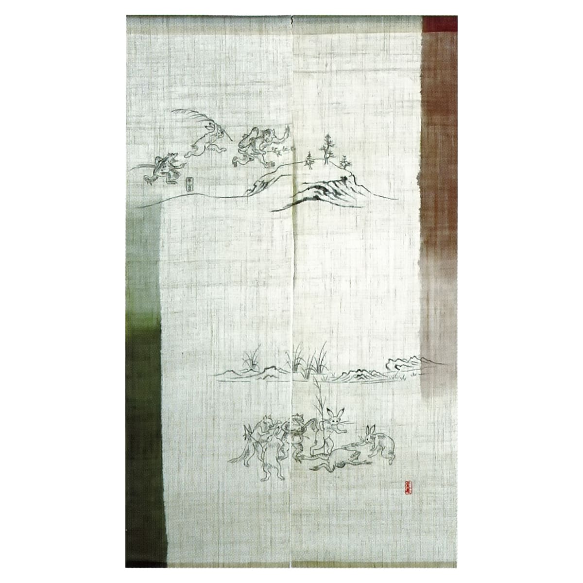 本麻 のれん 鳥獣戯画 戯れ-手描き（生成） NLH0015NK-画像1