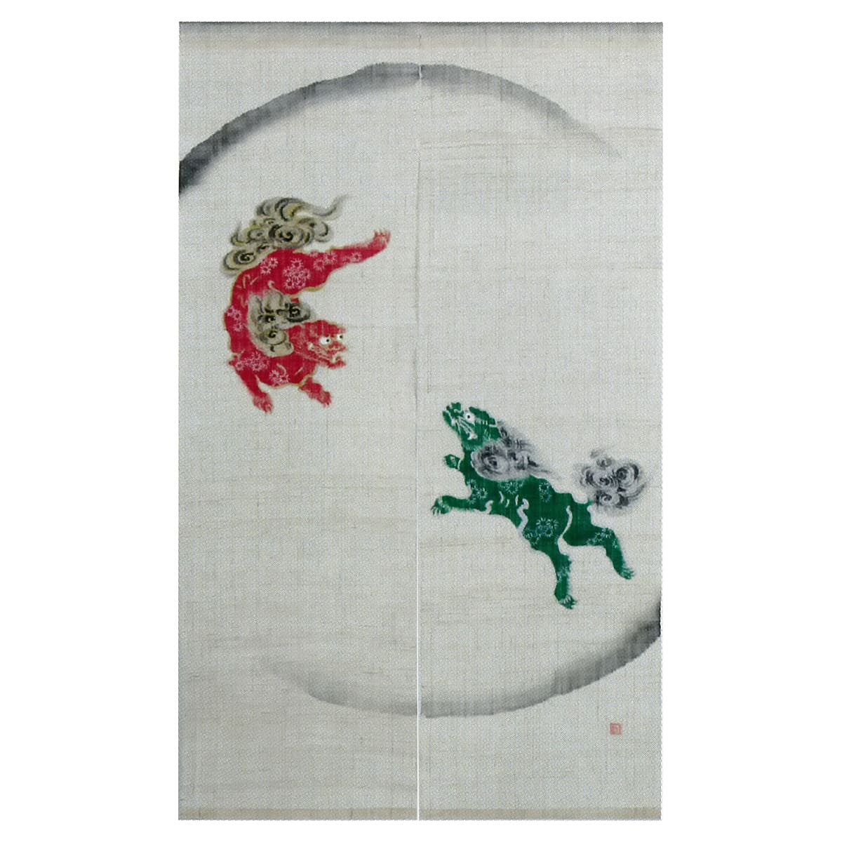 本麻 のれん 唐獅子-手描き（生成） NLH0017NK-画像1