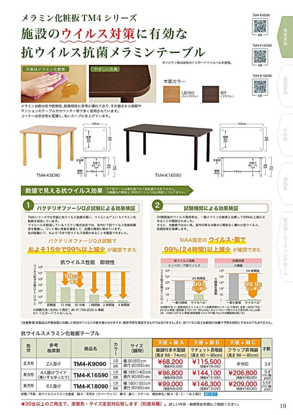 ケア 抗ウイルスメラミン化粧板テーブル Care-TM4-9090／16590／18090のカタログ画像-1